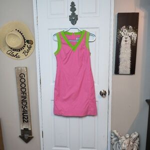 Vintage Classic Lilly Pulitzer Pink Waffled Green Trim Vneck Sheath Dress 6